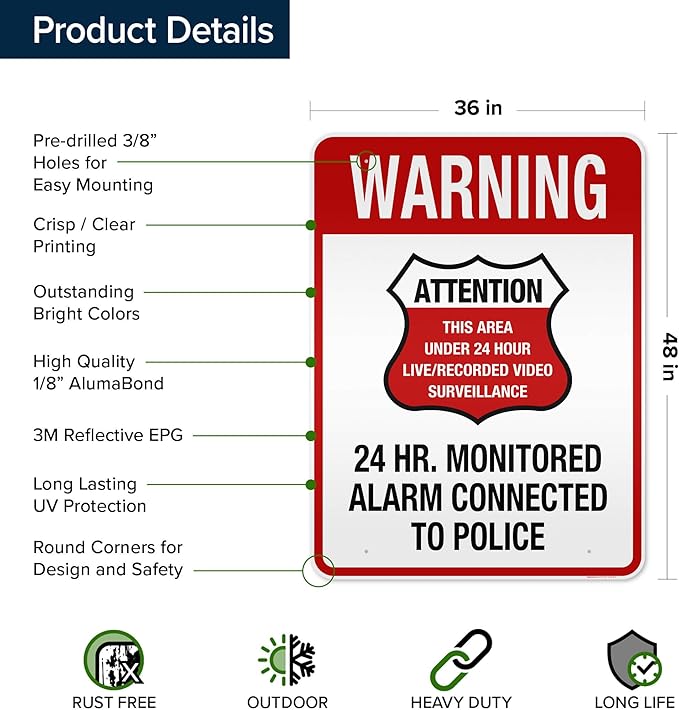 Warning 24 HR. Monitored Alarm Connected To Police Sign, 36x48 Inches, - Image 6
