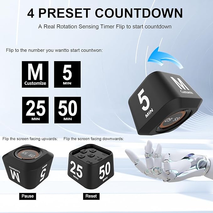 Rotating Cube Pomodoro Timer 5, 50 Min Preset + Custom Countdown, Desk - Image 2