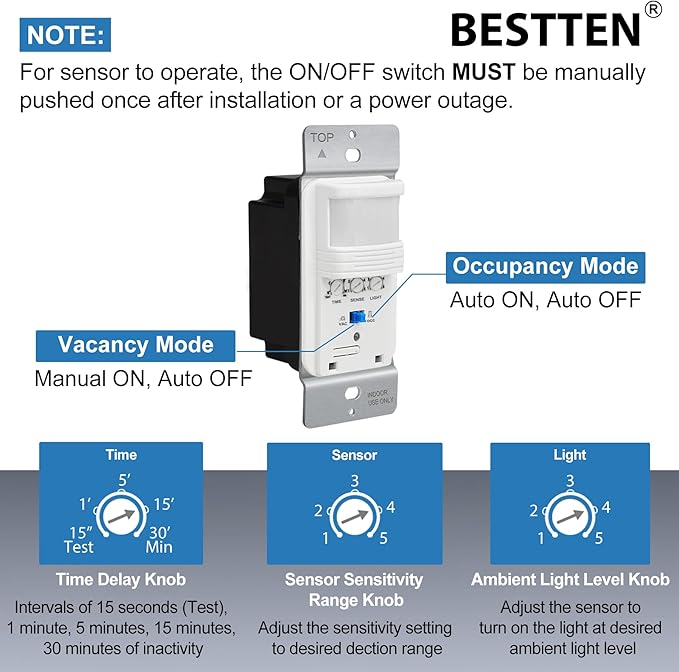 BESTTEN 5 Pack Motion Sensor Light Switch, PIR Vacancy & Occupancy, 800W 1/6 HP - Image 3
