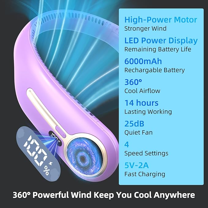 Portable Neck Fan, Hands Free Personal Wearable Bladeless Fan, 6000mAh USB - Image 3