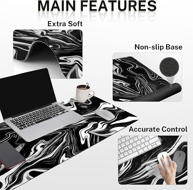 Britimes Black White Marble Keyboard Mouse Pad Set 4in1 Large Mousepad+Keyboard - Image 4