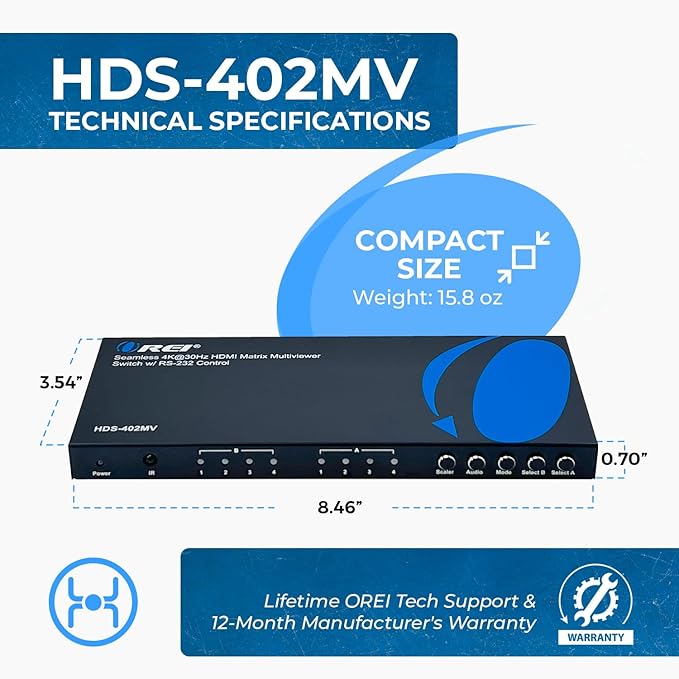 OREI Quad Multi HDMI Viewer 4 in 2 Out, HDMI Matrix Switcher 4 Ports Seamless - Image 5