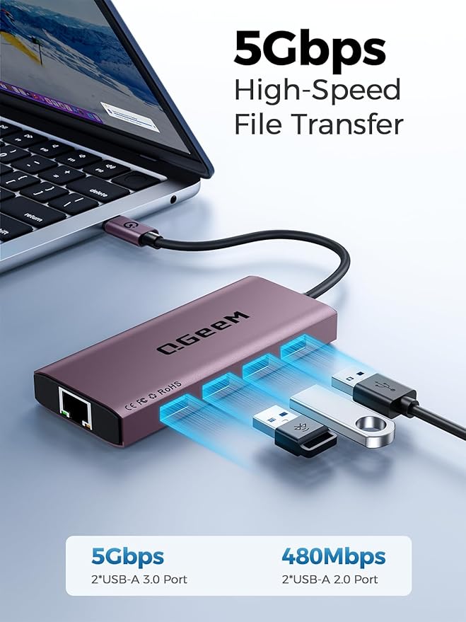 QGeeM USB C Hub Ethernet, 9 in 1 USB Type C Hub HDMI Multi-Port Converter - Image 4
