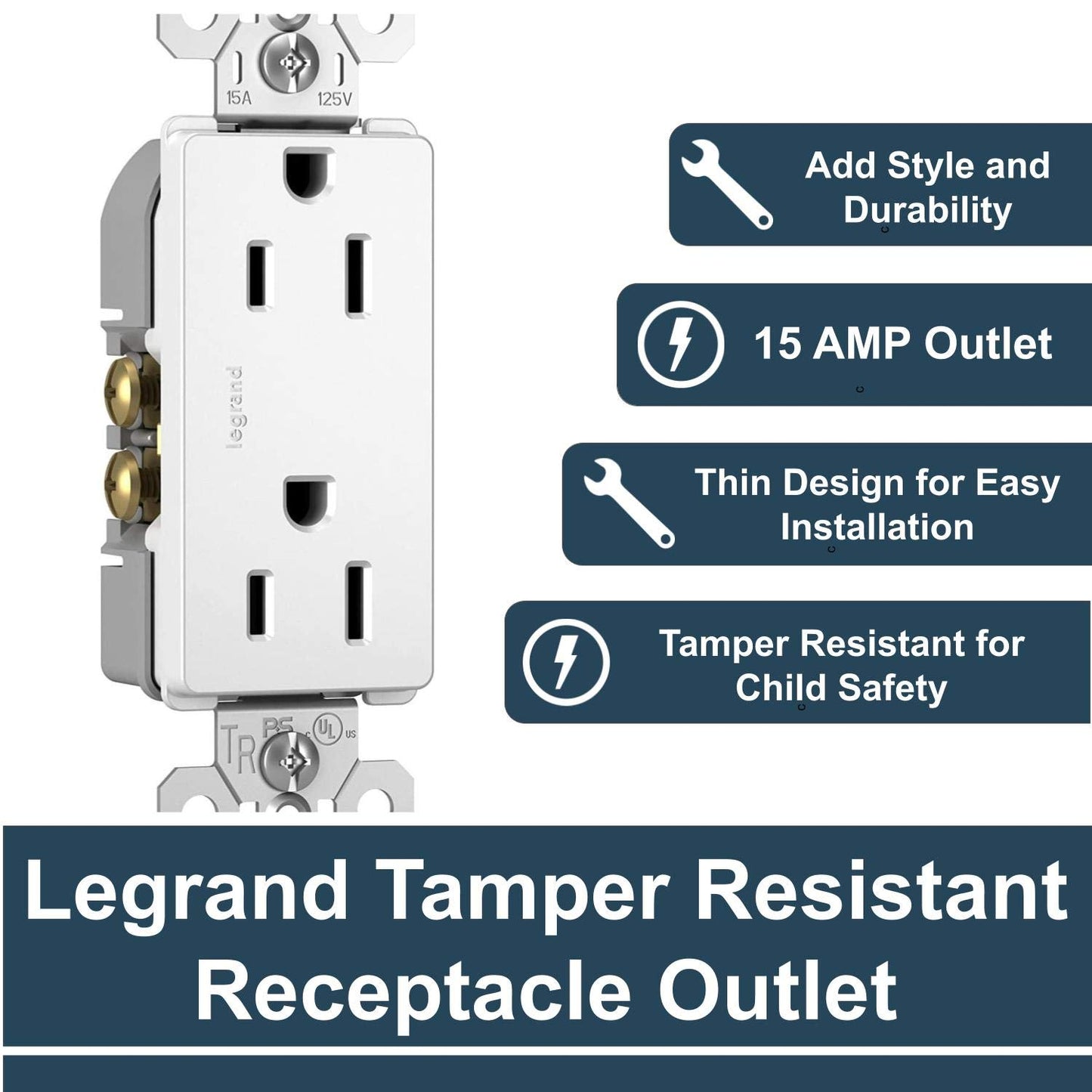 Legrand radiant 15 Amp Tamper Resistant Decorator Outlet White 1 Pack | Pass & Seymour Residential Grade, Décor Wall Outlet, Push Wire, Side Wire, Child-Safe Shutters, Duplex Receptacle