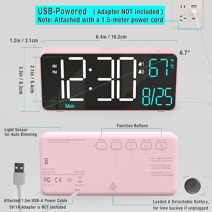 KOSUMOSU Alarm Clocks for Bedrooms, 6.7in Small Digital Clock, Auto Dimming - Image 5