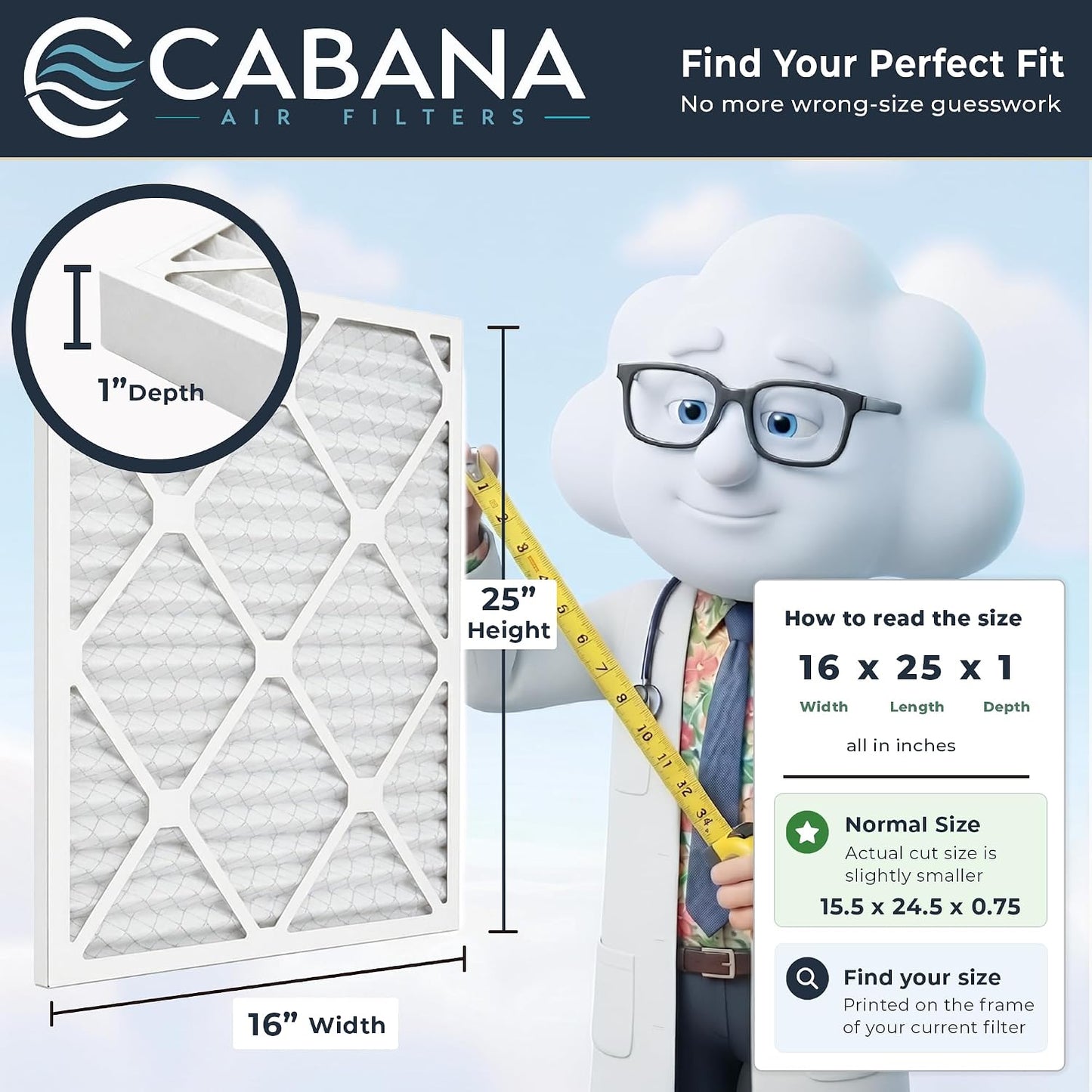 Cabana Filters 6-Pack 16x25x1 MERV 8 AC Furnace Air Filter for Home and Office - Indoor HVAC System Filtration Replacement, Captures Unwanted Particles