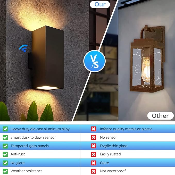 wowlite Modern Up Down Wall Lights Outdoor Dusk to Dawn Photocell Sensor - Image 4