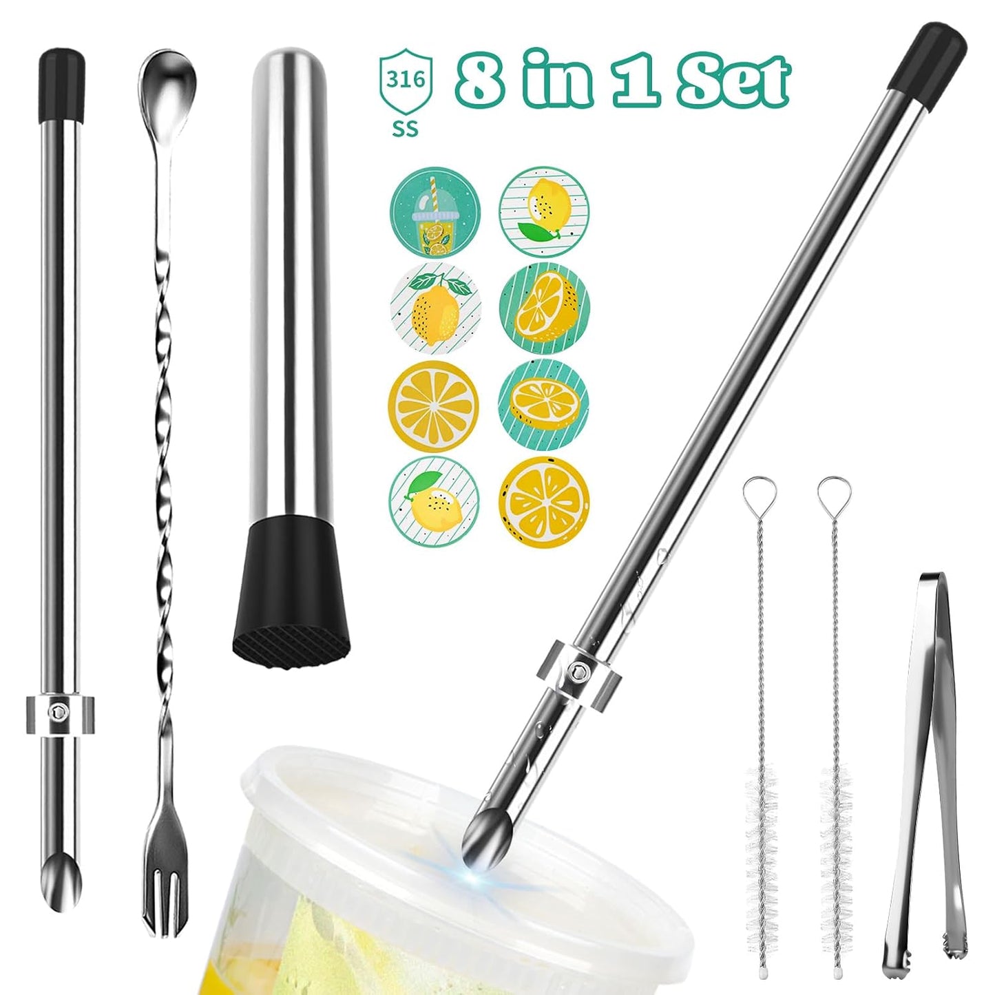 8-in-1 Lemonade Stand Tool Kit:2X 316 Stainless Steel Straw Hole Punchers for Plastic Lids,Straw Puncher Set and 1 Muddler for Lemonade,Mixing Spoon,2 Brushes,Tongs & 500Pcs Lemon Stickers for Cups