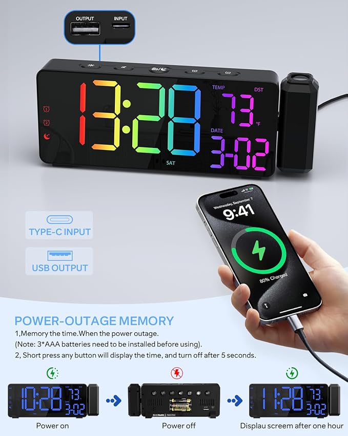 EVILTO Projection Alarm Clocks, RGB Desk Clock - Image 4