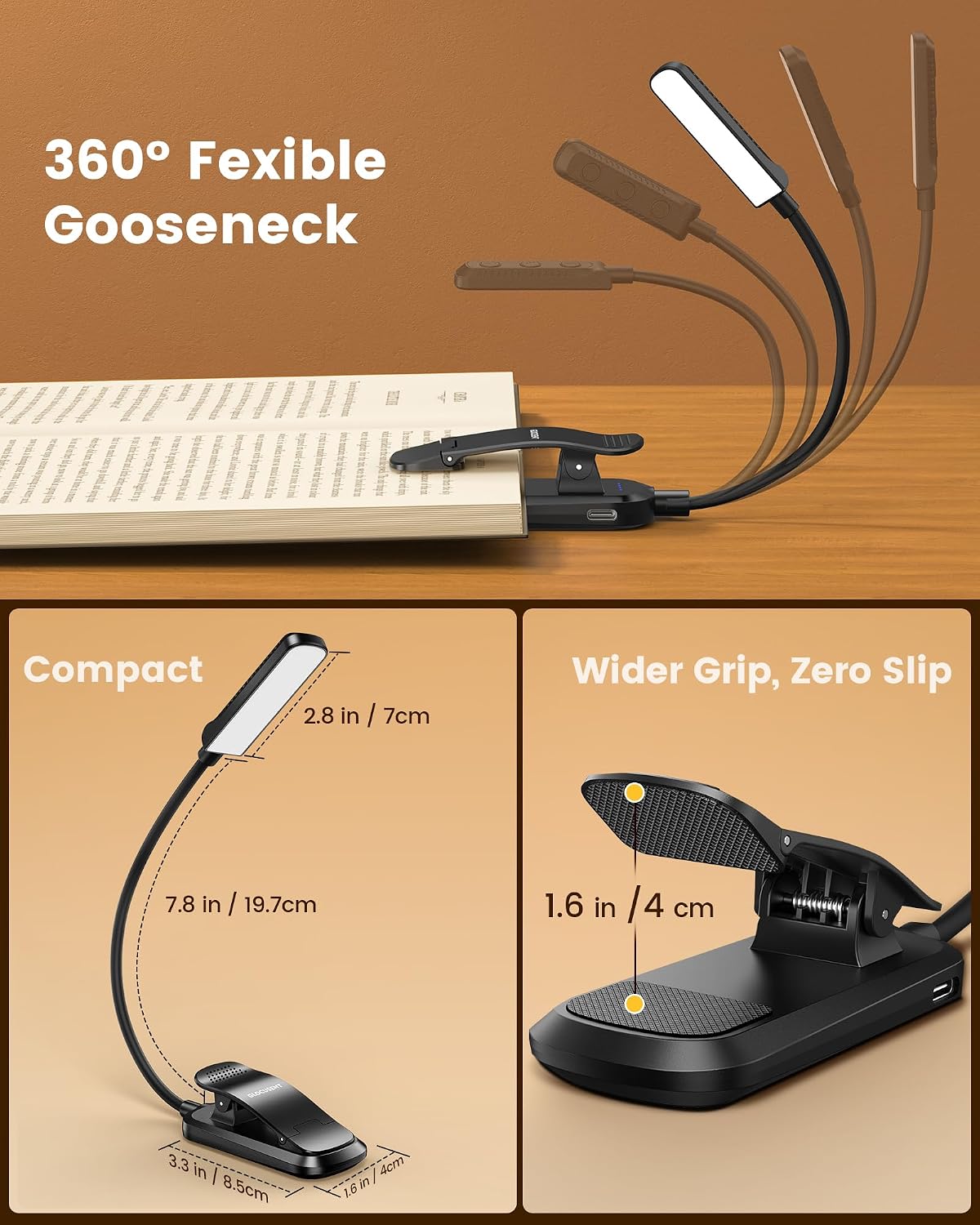 Glocusent 13 LED Book Lights for Reading at Night, Gifts for Book Lovers | Rechargeable Eye-Caring 3 Amber Colors Stepless Dimming, Travel Clip-on Lamp, Christmas Stocking Stuffer Reader Men Women Kid