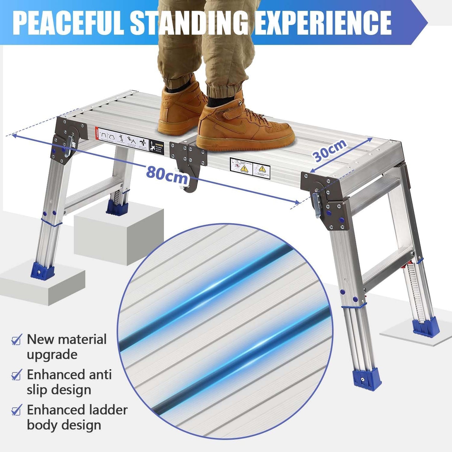 14-20” 26-Level Adjustable Aluminum Work Platform Bench Step Stool Ladder | 6/25” Increase, 800lbs Loading Capacity, Non-Slip Surface, Portable, Foldable, For Uneven Ground Car Washing Home Painting