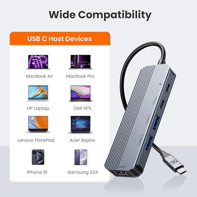 GUSGU USB C Hub with 4K HDMI, 2*USB 3.0, 5Gbps Type C Port, PD Charging 100W - Image 6
