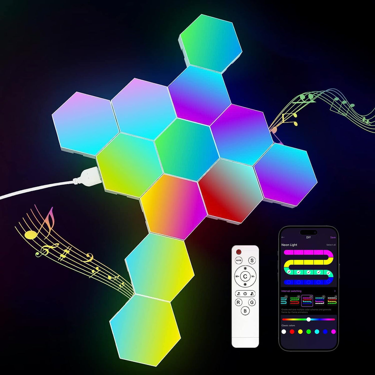 JIMIMORO 12-Pack Hexagon Light Panels – Smart RGB LED Wall Lights