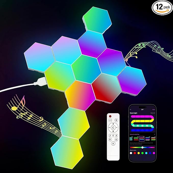 JIMIMORO 12-Pack Hexagon Light Panels – Smart RGB LED Wall Lights by JIMIMORO