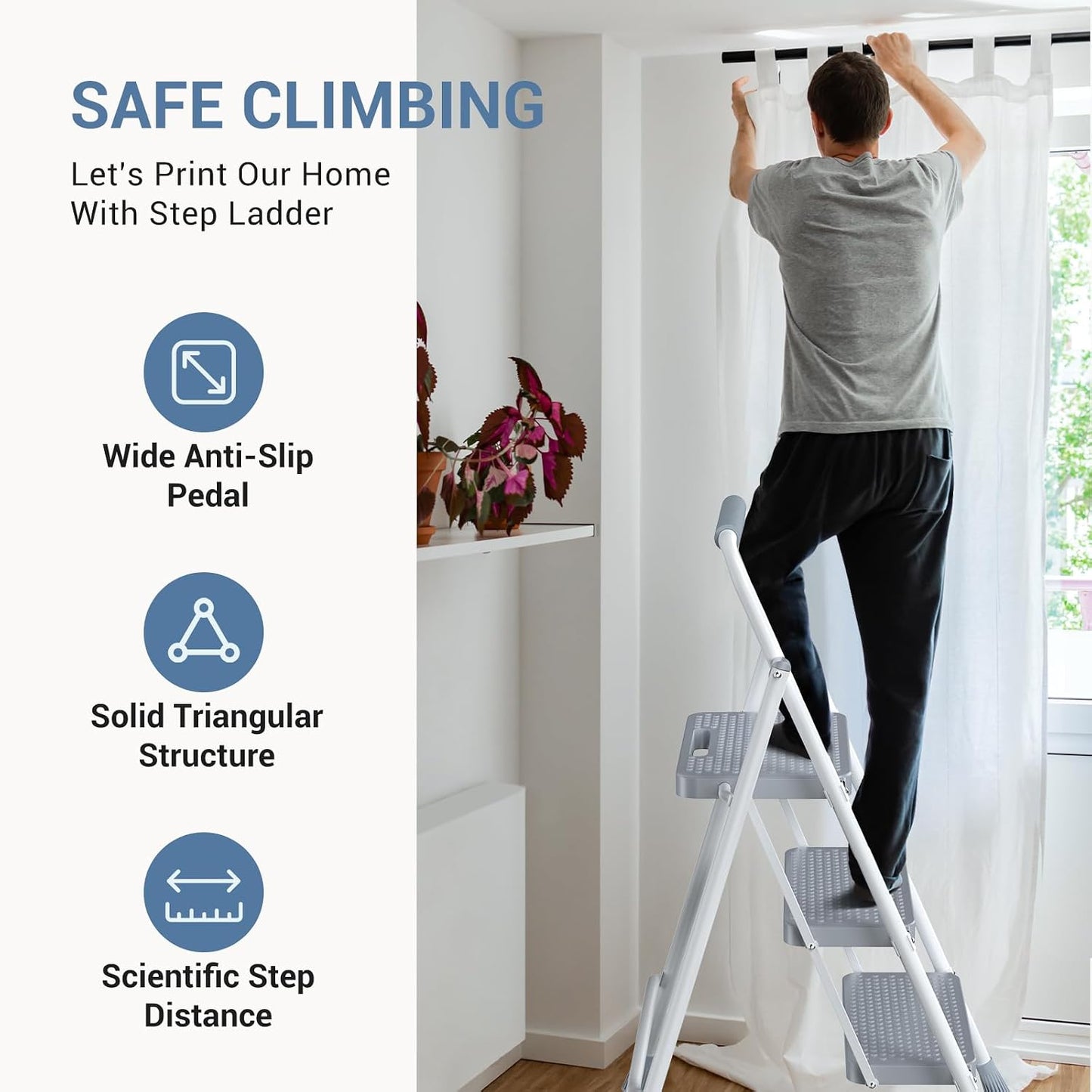 DUMOS Step Ladder, 3 Sturdy Step Stool with Anti-Slip Pedal & Comfortable Handrail, Portable Heavy Duty Step Stool for Kitchen, Garage & Outdoor Use, 800lbs, Grey
