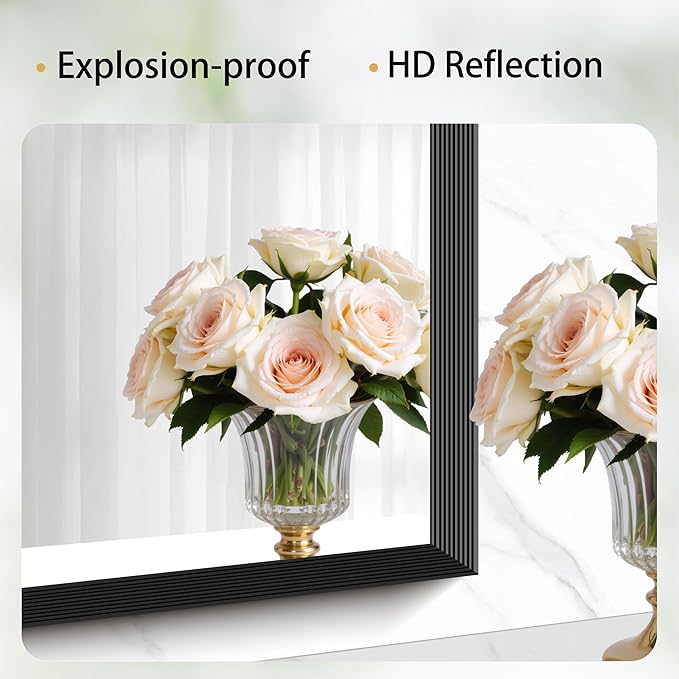 Black Bathroom Mirror 30 x 30 Inch Rectangle Wave Beveled - Image 4