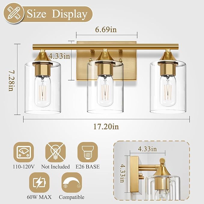 XPEHK Gold Bathroom Light Fixtures, 3-Light Vanity Lights, Modern Brushed Brass - Image 4