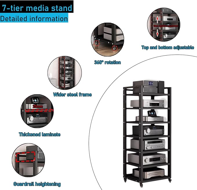 Dernoing 7 Tier Audio Rack Tower, CD Record Player Stereo Receiver AV Equipment - Image 3