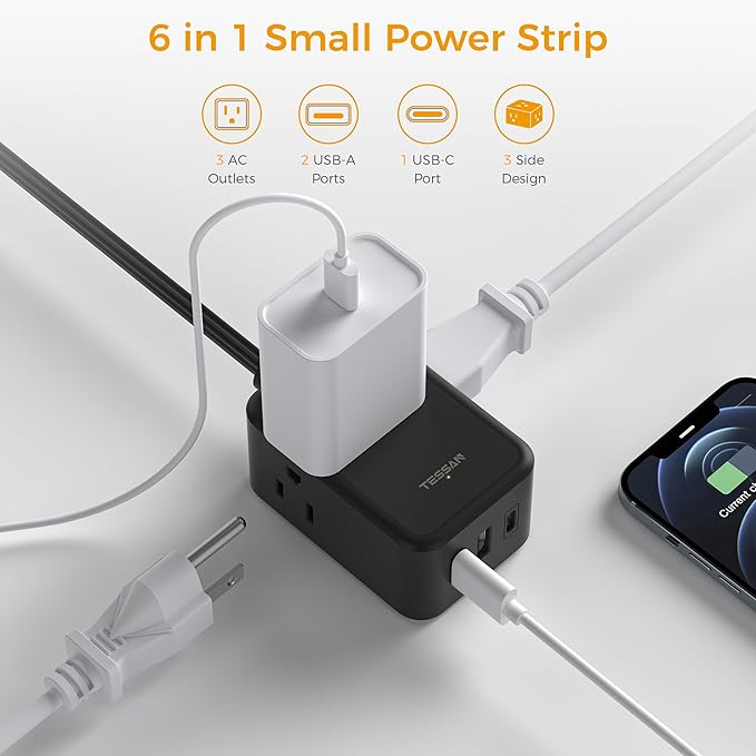 Flat Black Extension Cord, TESSAN Ultra Thin Power Strip - Image 3