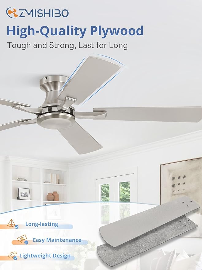 ZMISHIBO 52 Inch Ceiling Fan No Light, Flush Mount Low Profile, Modern Nickel - Image 6