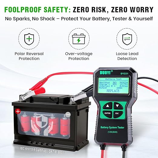 DUOYI DY221 Car Battery Tester, 12V 24V Digital Automotive Alternator Meter - Image 4