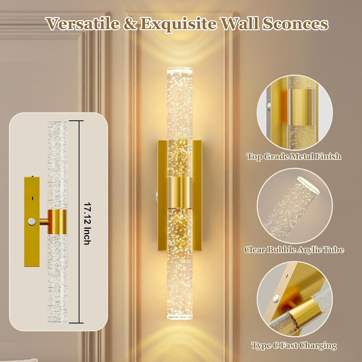 17 Inch Battery Operated Wall Sconces Set of two with 20000mAh Battery | Rechargeable Wall Lights with 3 Color - Wireless LED Arylic Wall Lamp with Remote for Bedroom Bathroom Hallway Living Room