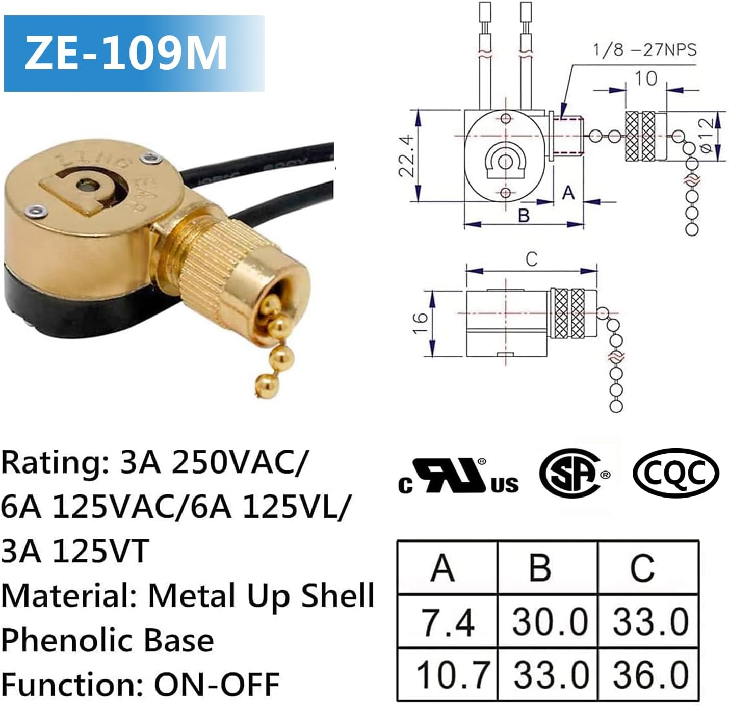 Ceiling Fan Switch Zing Ear ZE-109M Pull Chain Switch On/Off Light Switch compatible with Hunter Ceiling Fan Light Lamp Replacement