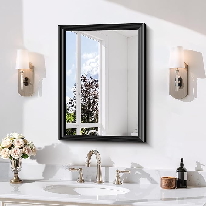Black Bathroom Mirror 18 x 24 Inch Rectangle Wave Beveled by DESBING