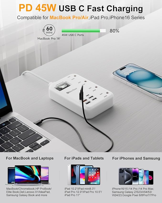 45W USB C Travel Power Strip- PD 45W Fast Charging Station - Image 3