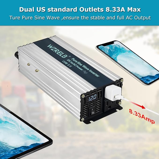 WZRELB 1000W Pure Sine Wave Inverter 12V DC to 110V 120V AC Power Converter - Image 4