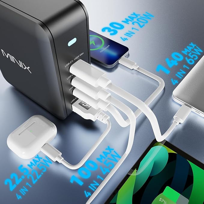 MINIX 165W USB C Charger, GaN II Charger PD3.1 Max 140W, Turbo 4-Port Charging - Image 8