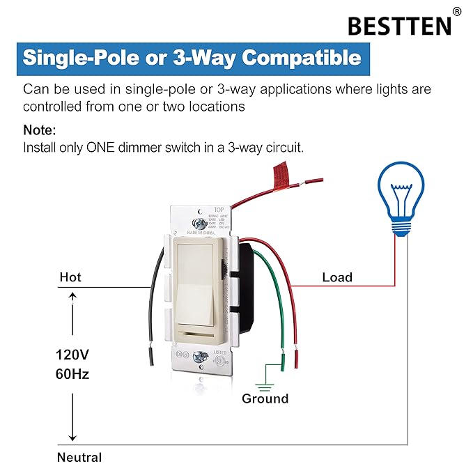 BESTTEN 10 Pack Almond Dimmer Light Switch, 3 Way or Single Pole Dimmer Switches - Image 6