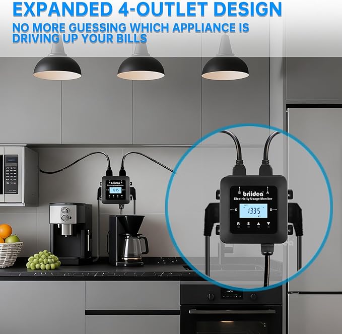 briidea Electricity Usage Monitor, 4-Outlet Power Consumption Watt Voltage Amp - Image 2