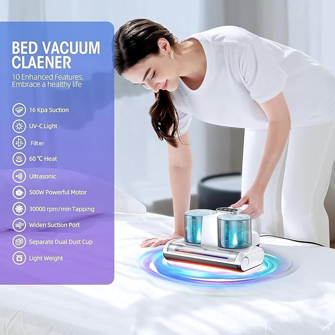 JPHYLL Mattress Vacuum Bed Vacuum Cleaner 16Kpa Suction 253.7nm UV-C Light - Image 2