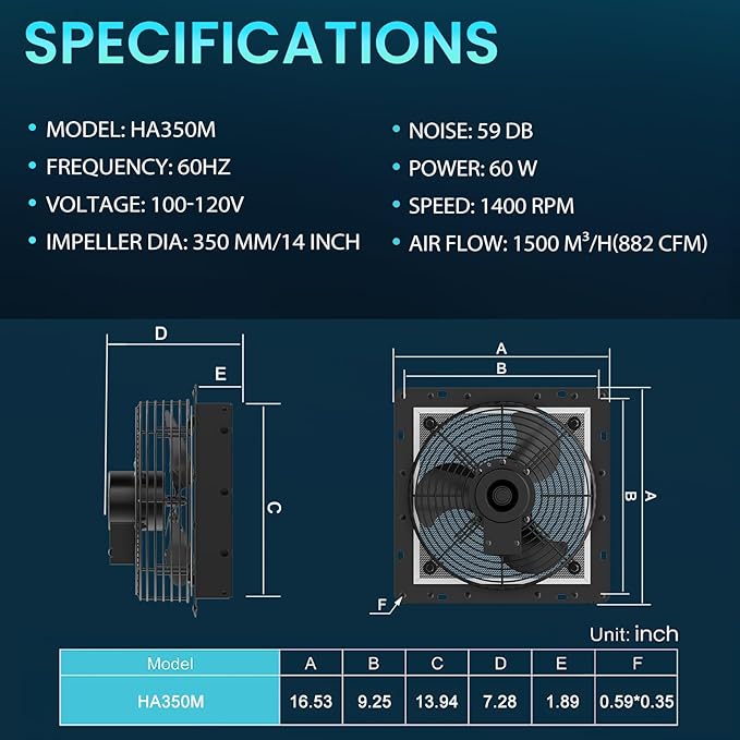HG Power 14 Inch Shutter Exhaust Fan, 882CFM High-Speed Vent Fan, 1400RPM Wall - Image 3