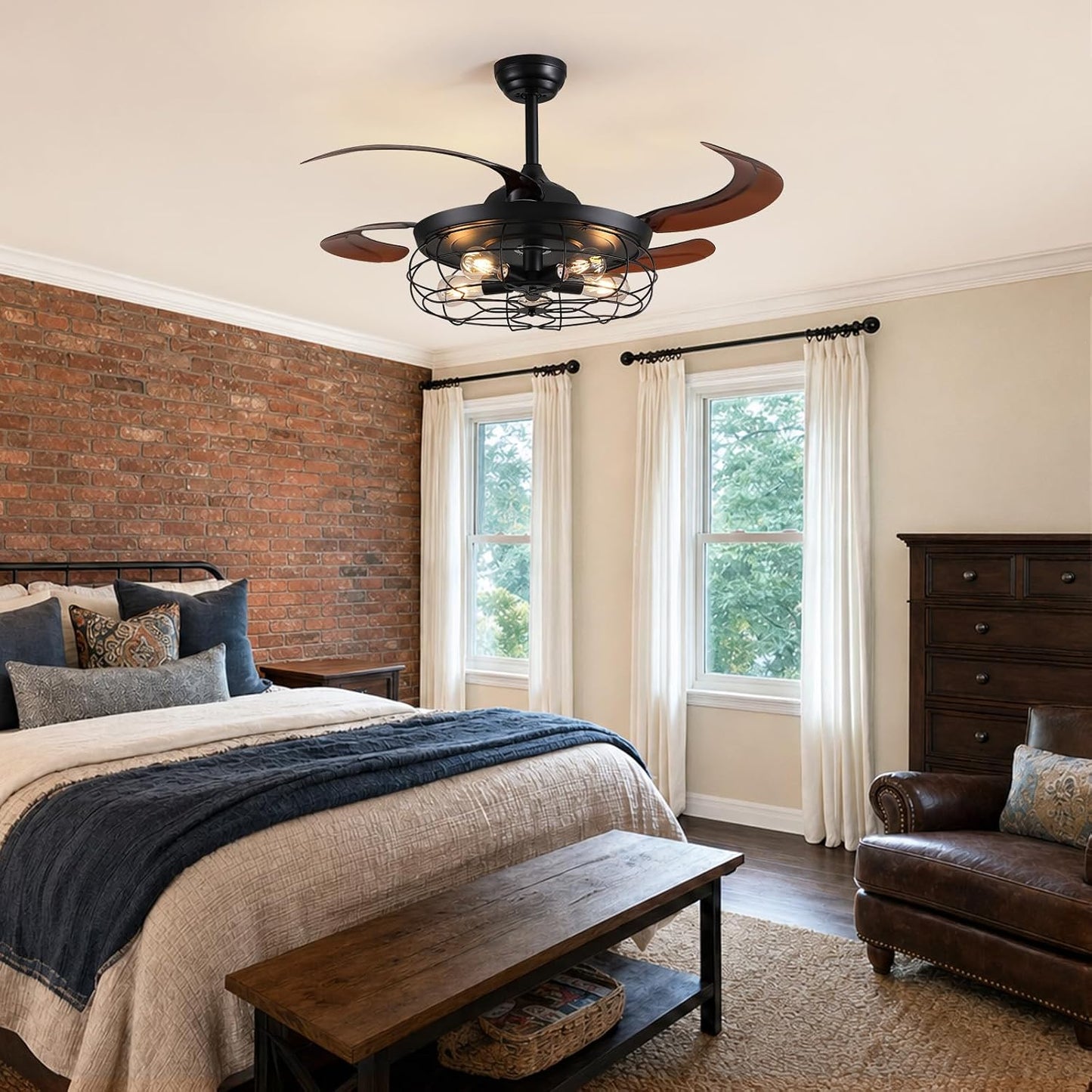 48" Rustic Ceiling Fan with Lights and Remote, Industrial Fandelier Ceiling Fan Black Retractable Invisible Ceiling Fan for Farmhouse Living Room Dining Room Bedroom Kitchen Garage