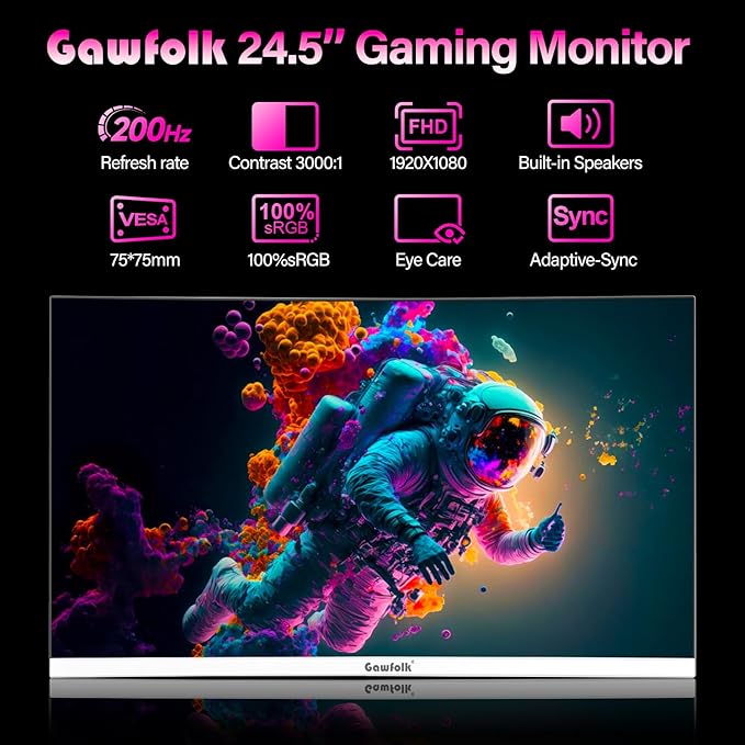 Gawfolk Gaming Monitor 24.5 Inch 200Hz Built-in Speakers, 180hz PC Monitor FHD - Image 2