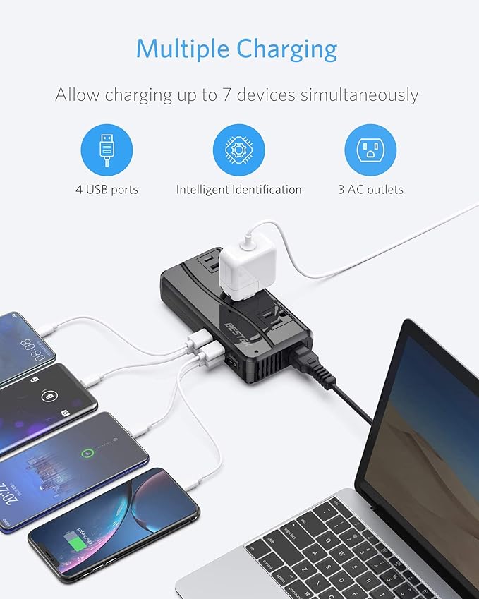 BESTEK 250W Power Converter 3-Outlet and 4-Port USB Travel Voltage Transformer - Image 4