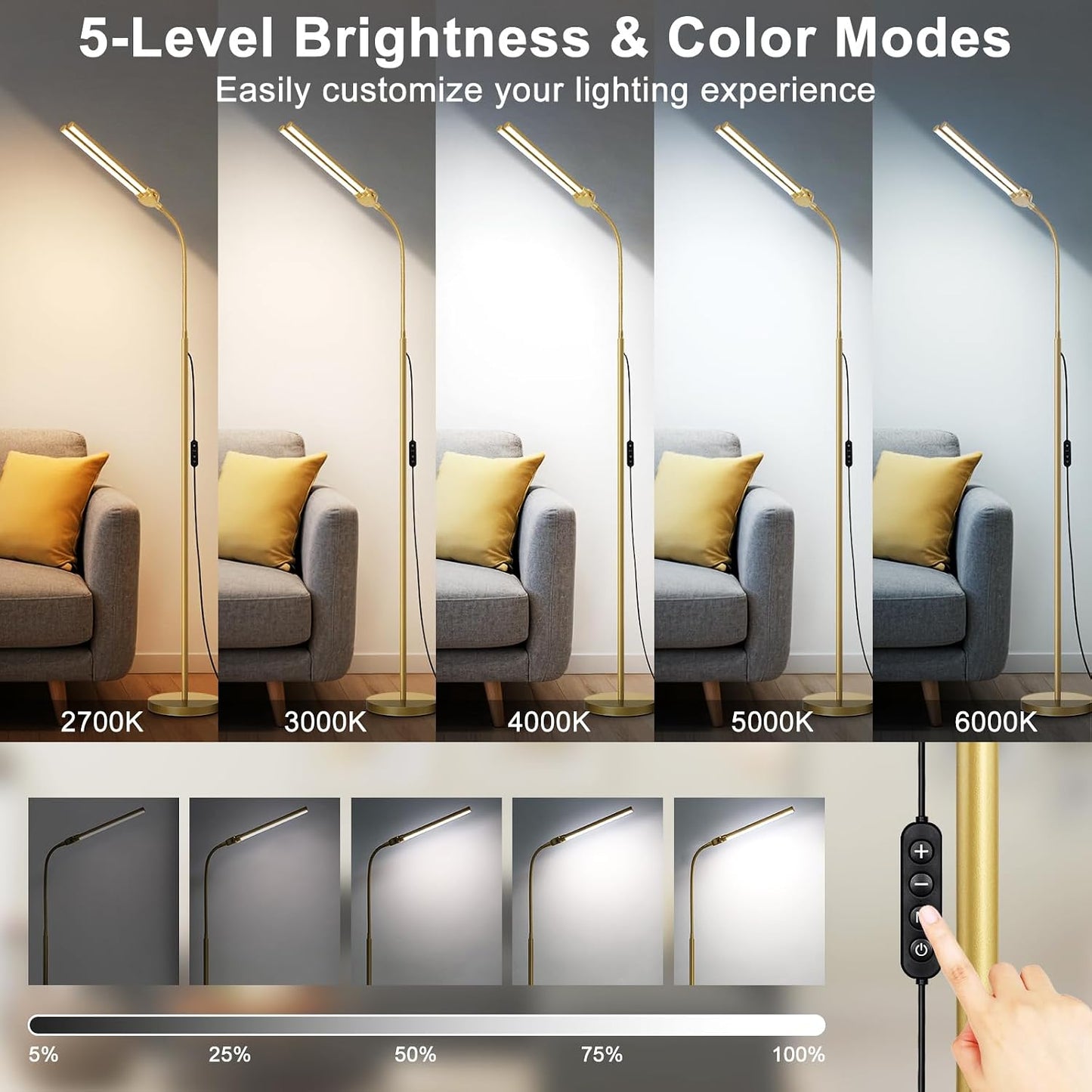 Gold Floor Lamp, 18W/2000LM Bright LED Floor Lamp for Living Room Office, Adjustable Gooseneck Dimmable Standing Task Lamp for Reading, Study, Arts, Eye Caring Craft Light for Sewing Tatoo Puzzle