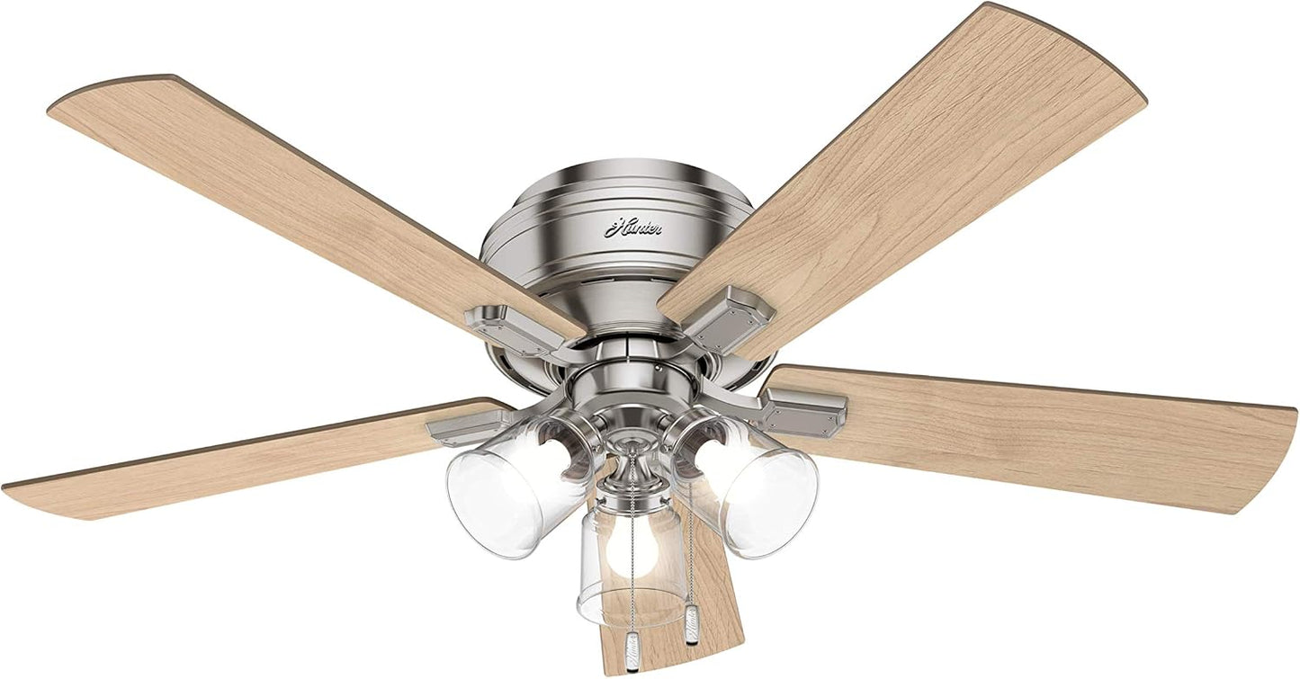 Hunter 52 inch Indoor Ceiling Fan with LED Lights and Pull Chain - Low Profile Flush Mount Ceiling Fan, 5 Blades, For Bedroom, Living Room, or Kitchen, Quiet - Crestfield 54209, Brushed Nickel | with LED Lights and Pull Chain, Low Profile Flush Mount, 5