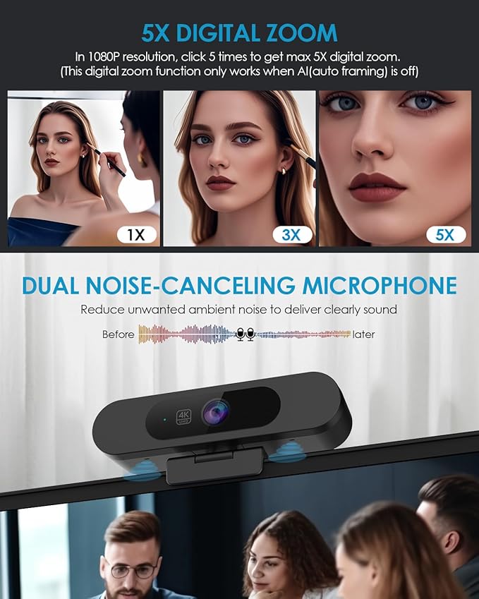 MOERTEK 4K Webcam for PC, Ultra 4K HD, AI Auto Framing, Webcam for Streaming - Image 3
