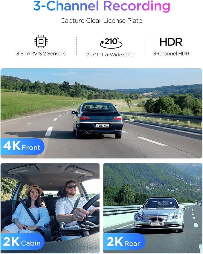 VIOFO A329S 4K 3 Channel Dash Cam, 4K Front + 2K Cabin Fisheye + 2K Rear - Image 2