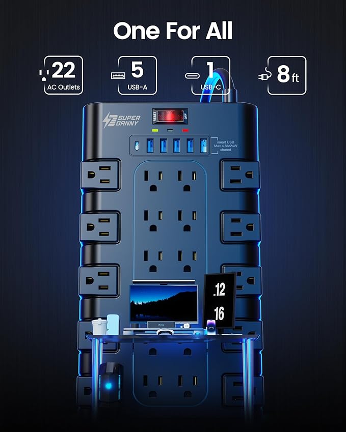 Power Strip Surge Protector, SUPERDANNY 8Ft Long Extension Cord - Image 3