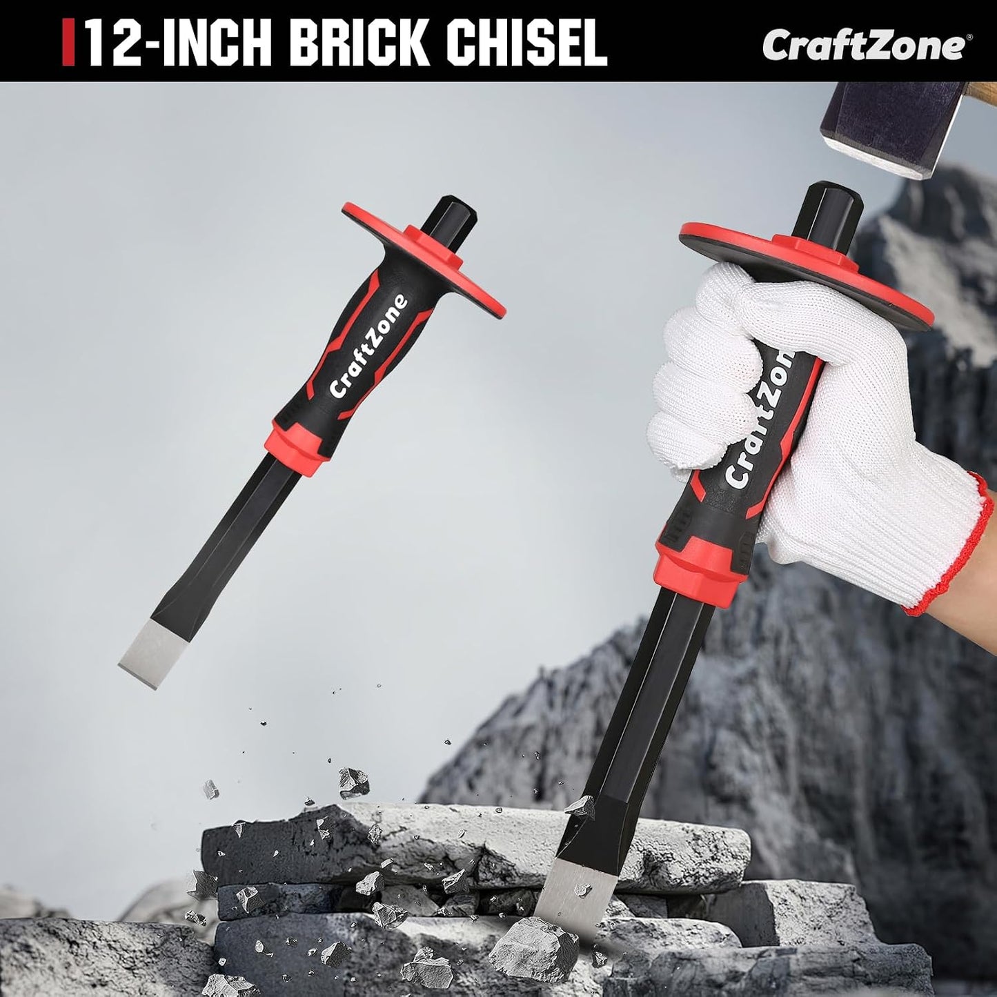 Masonry Chisel, Heavy Duty Flat End Rock Concrete Mortar Stone Brick Chisel with Protective Hand Guard for Breaking Carving Splitting Cutting Mason Tools (12-Inch)