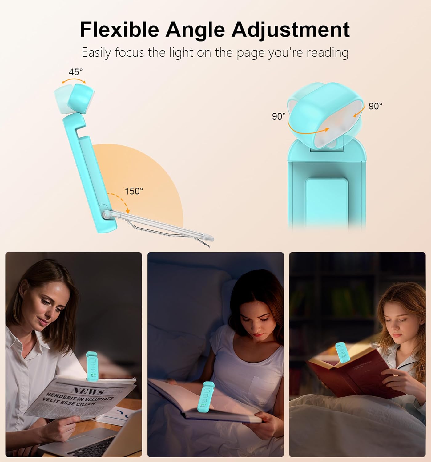 Gritin Reading Light, Rechargeable Book Light for Reading in Bed | Eye Caring 3 Color Temperatures, 5-Level Dimmable Brightness, Long Lasting, Compact Size Clip on Book Lamp for Bookworms-Blue