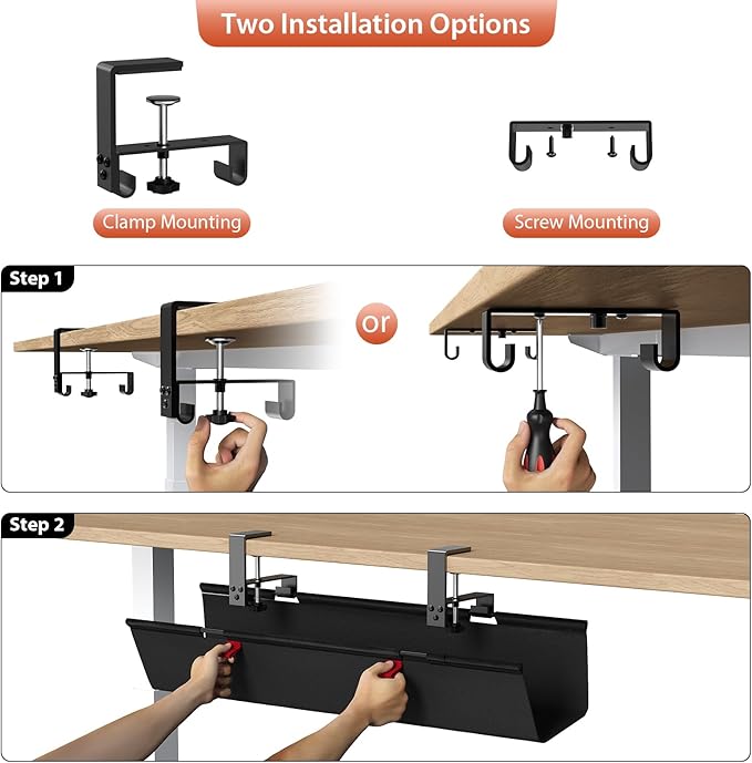 Univivi No Drill Under Desk Cable Management Tray, Clamp/Screw Mount Desk Cable - Image 6