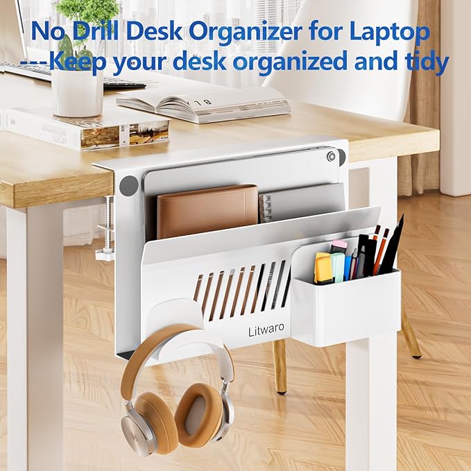 Litwaro Desk Side Storage Organizer, Under Desk Laptop Holder No Drill - Image 6