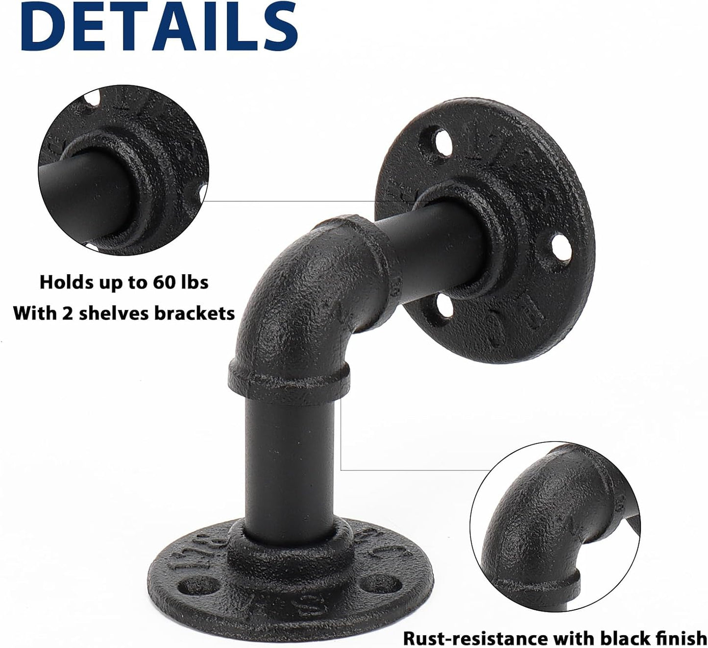 NearMoon Industrial Pipe Iron Shelf Brackets-Wall Mounted DIY Rustic Pipe Metal Brace Brackets, Vintage Farmhouse Décor Hardware Shelving Brackets for Floating Shelves, Black (4 Inch, 4)