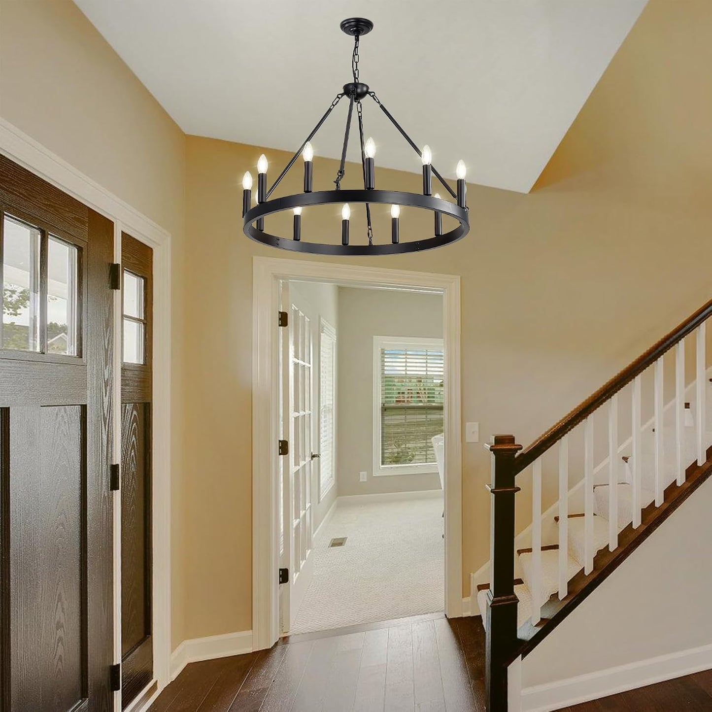 Black Wagon Wheel Chandelier, 12-Lights 32 Inch Farmhouse Pendant Light Fixture, Round Rustic Hanging Lighting for Dining Room Kitchen Island Foyer Entryway