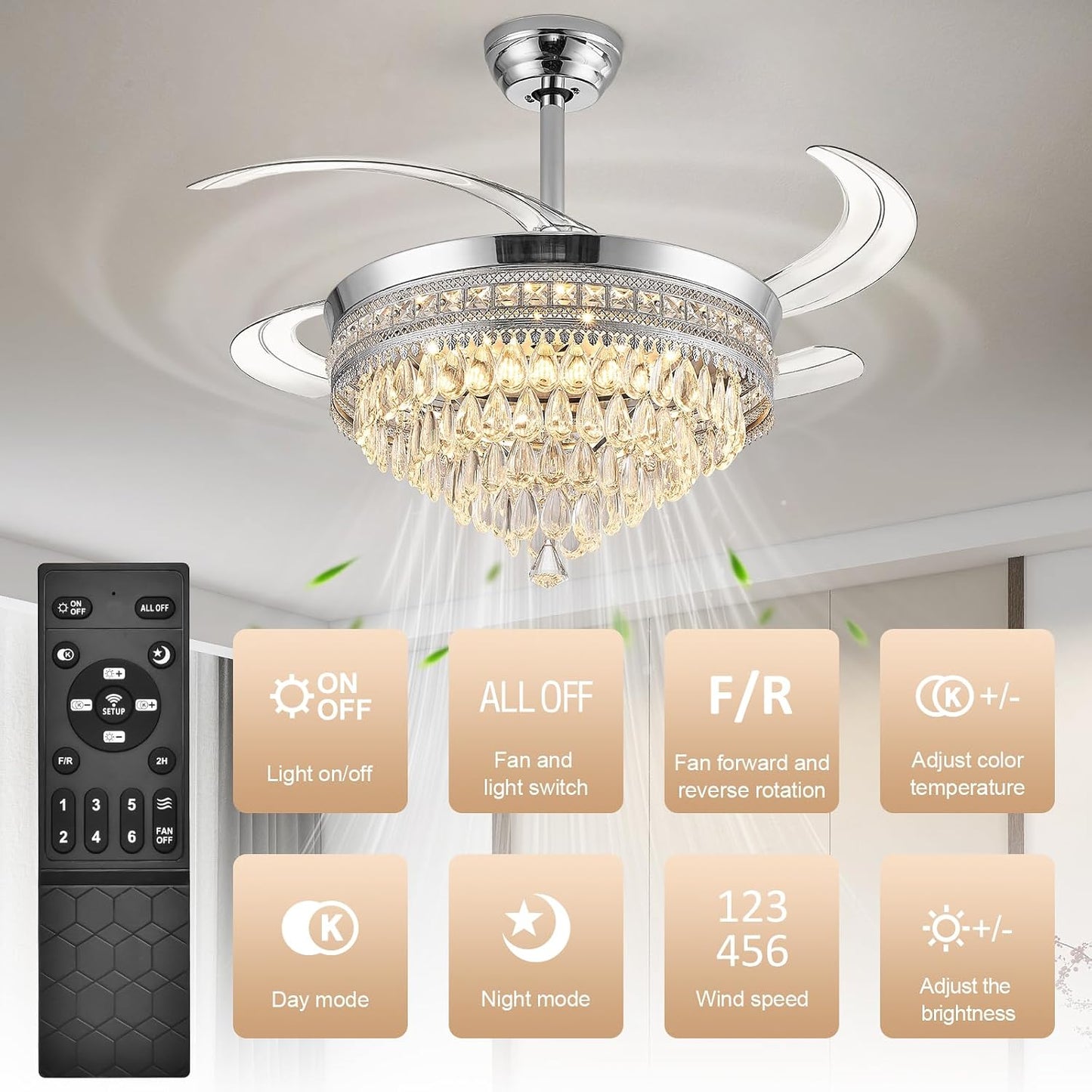 Baotree Chandelier Ceiling Fan with Lights and Remote,42 Inch Modern Flush Mount for Bedroom Indoor, Dimmable LED,Bluetooth Connection,Energy Efficient Quiet Retractable Blades (42 in White)